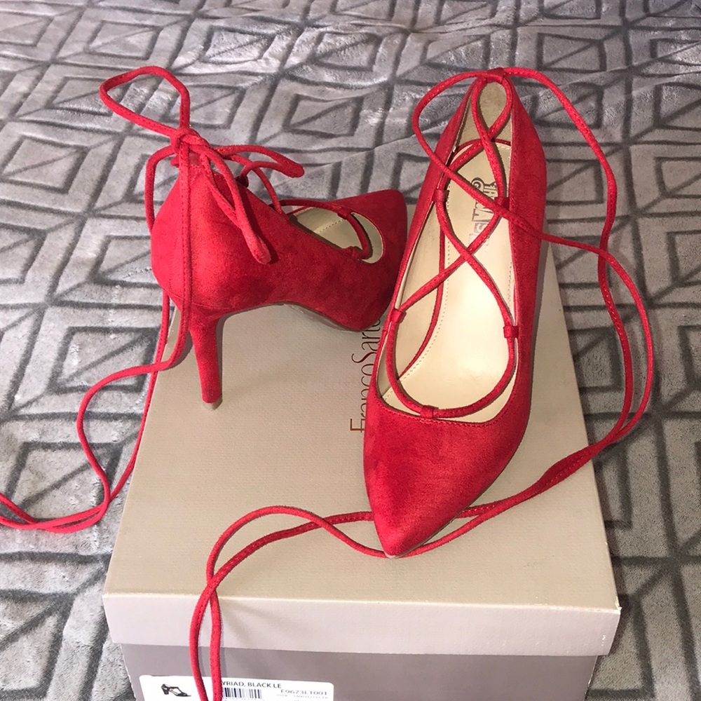 Red Suede Closed Toe Lace Up Heels